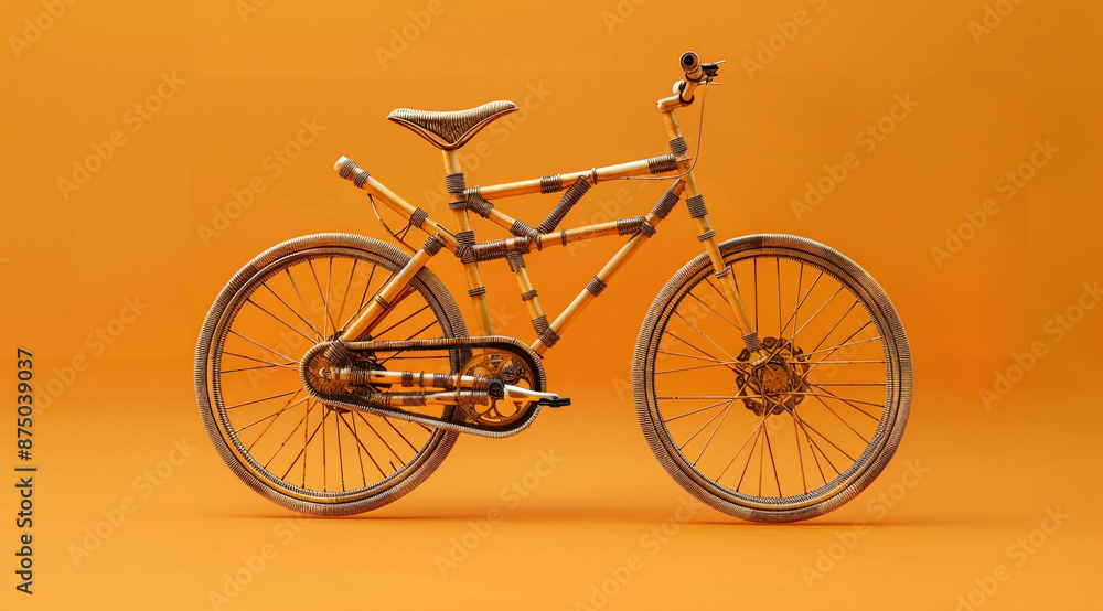 Fototapeta premium A bamboo bicycle, intricately woven with natural materials and adorned with isometric view detailed designs, set against a orange