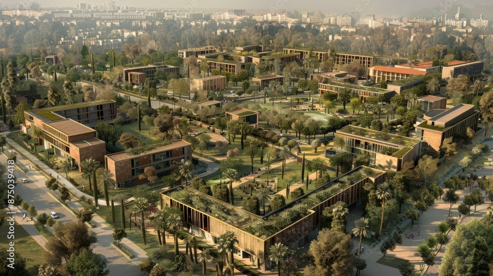 Fototapeta premium A digital simulation of a sustainable urban development project, featuring green spaces and energy-efficient building designs