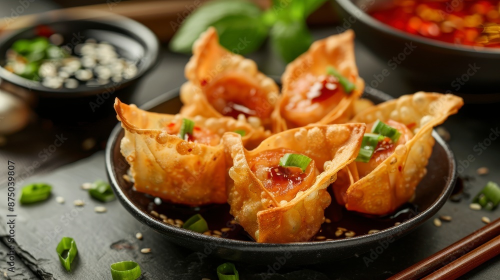 Golden fried wontons filled with juicy shrimp and drizzled with a sweet chili sauce Golden fried wontons filled with juicy shrimp and drizzled with a sweet chili sauce