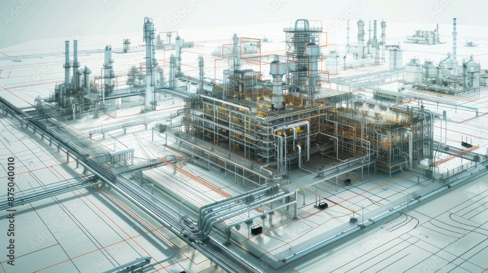A detailed digital replica of an industrial complex, optimized for operational efficiency using BIM workflows A detailed digital replica of an industrial complex, optimized for operational efficiency using BIM workflows