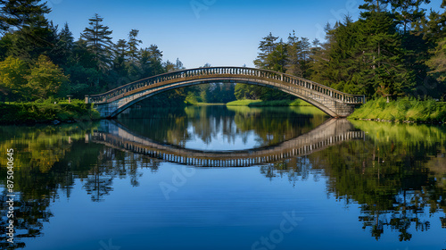 Harmonious Balance: A Symmetrical Bridge Reflecting on Calm Water Surrounded by Lush Greenery and Clear Sky