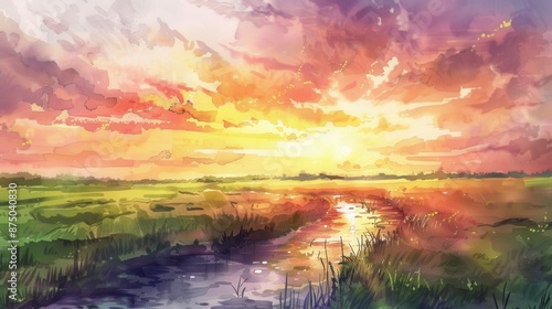 A watercolor painting of a peaceful countryside with rolling hills, a winding river, and a vibrant sky at sunset  © Malgorzata
