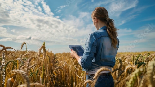 A woman farmer examines the field of cereals and sends data to the cloud from the tablet, Smart farming and digital agriculture concept