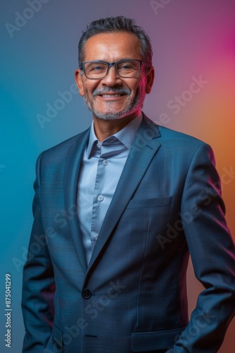 Portrait of a confident mature man wearing a blue suit and white shirt with a warm smile, standing against a colorful gradient background.