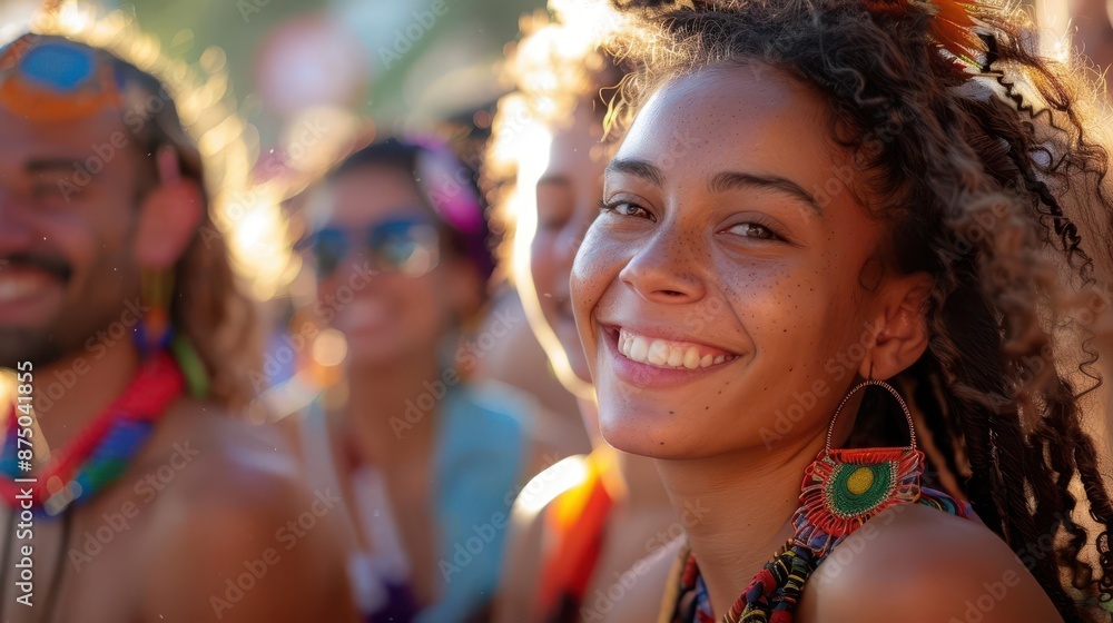 A group of diverse people smiling and talking at a cultural festival A group of diverse people smiling and talking at a cultural festival