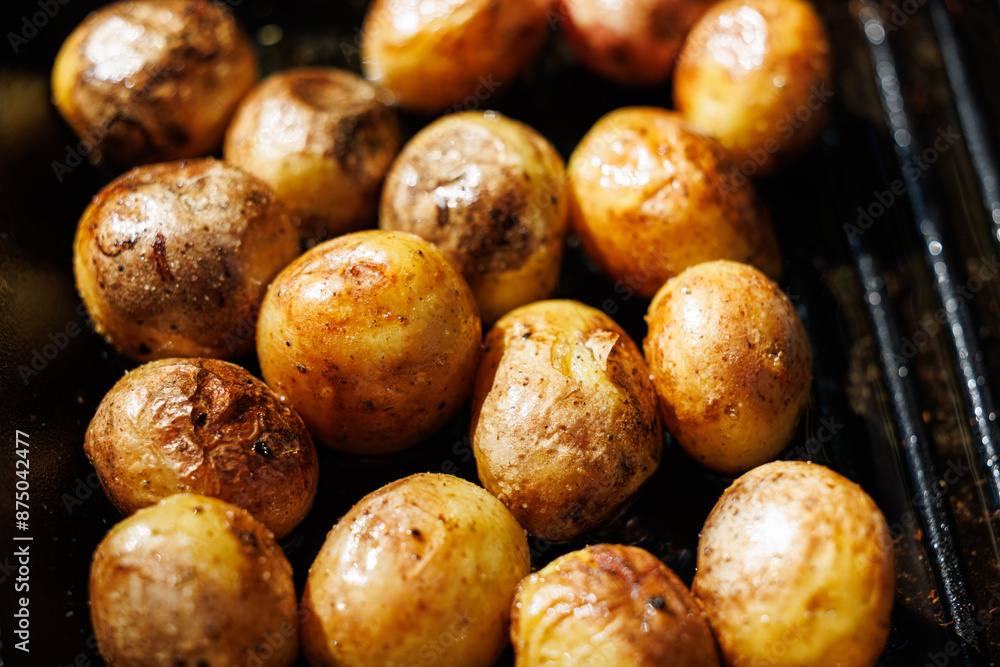 A close-up view of golden roasted potatoes, glistening with oil, resting on a black grill. A close-up view of golden roasted potatoes, glistening with oil, resting on a black grill.