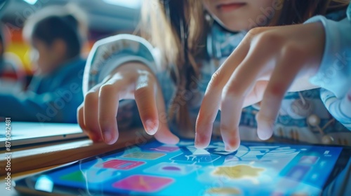 Girl Using Tablet Computer, Close Up Of Fingers Touching Screen