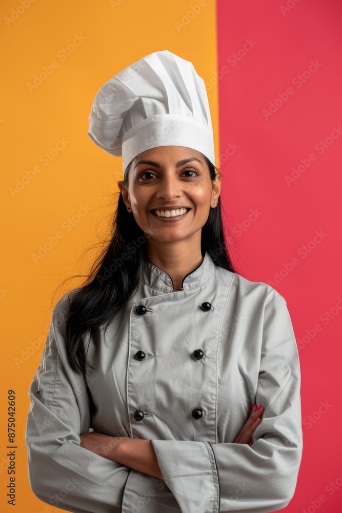 A confident female chef with a big smile stands with her arms crossed in front of a yellow and red background. A confident female chef with a big smile stands with her arms crossed in front of a yellow and red background.