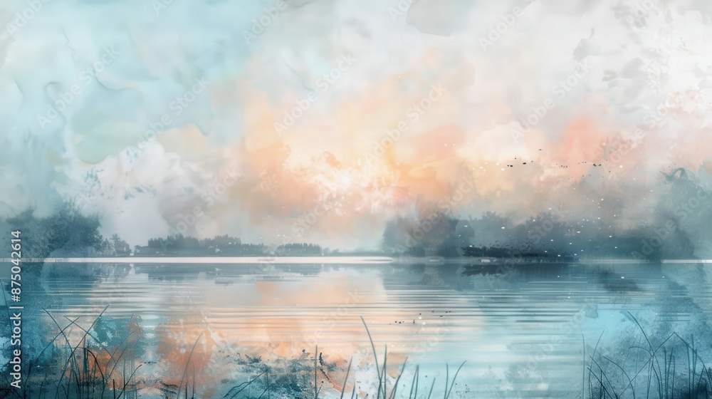 Obraz premium A watercolor painting of a serene lakeside scene with soft pastels and gentle brushstrokes 
