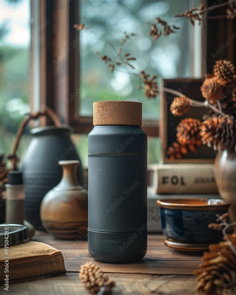 A stylish gray and cork insulated water bottle with a minimalist design is sitting on a rustic wooden table. A stylish gray and cork insulated water bottle with a minimalist design is sitting on a rustic wooden table.