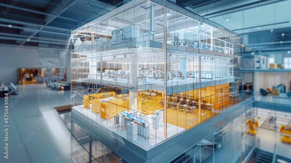 Naklejka premium An augmented reality view of a BIM-modeled corporate headquarters, showcasing office space layouts and employee amenities