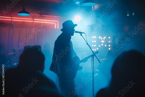 A dramatic 90s-style image of a musician playing guitar in a smoky underground club, audience barely visible in the haze, stage lights casting a blue hue