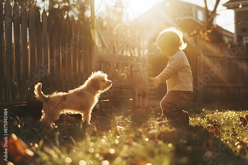 A heartfelt 90s photograph of a child playing with a dog in a sunlit backyard, old wooden fence in the background, capturing a moment of pure joy 