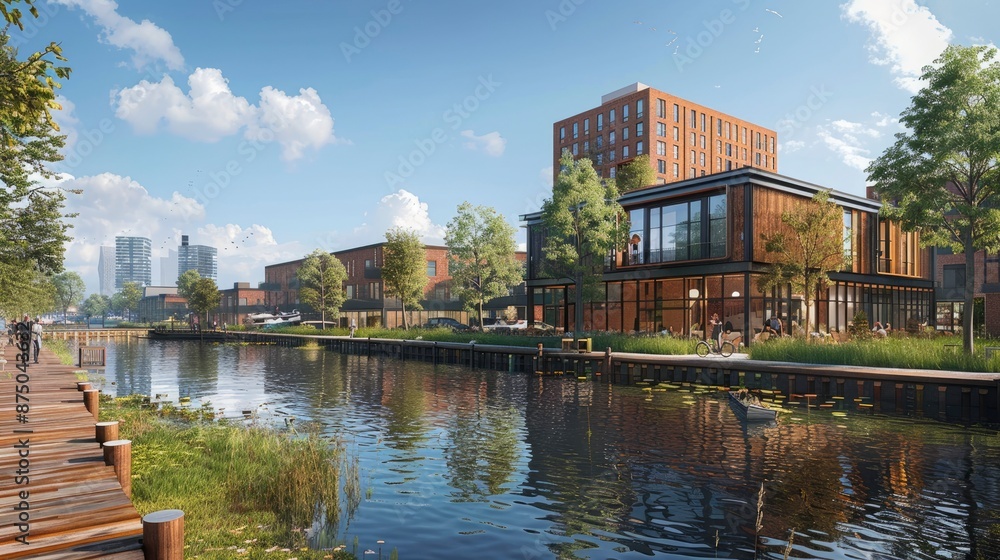 Naklejka premium A virtual design studio session with architects using BIM to plan an urban waterfront redevelopment