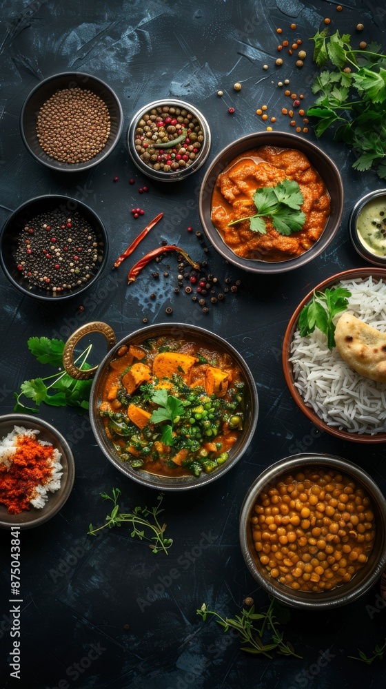 Indian dishes, like curries, rice, and lentils, on a dark blue surface Indian dishes, like curries, rice, and lentils, on a dark blue surface