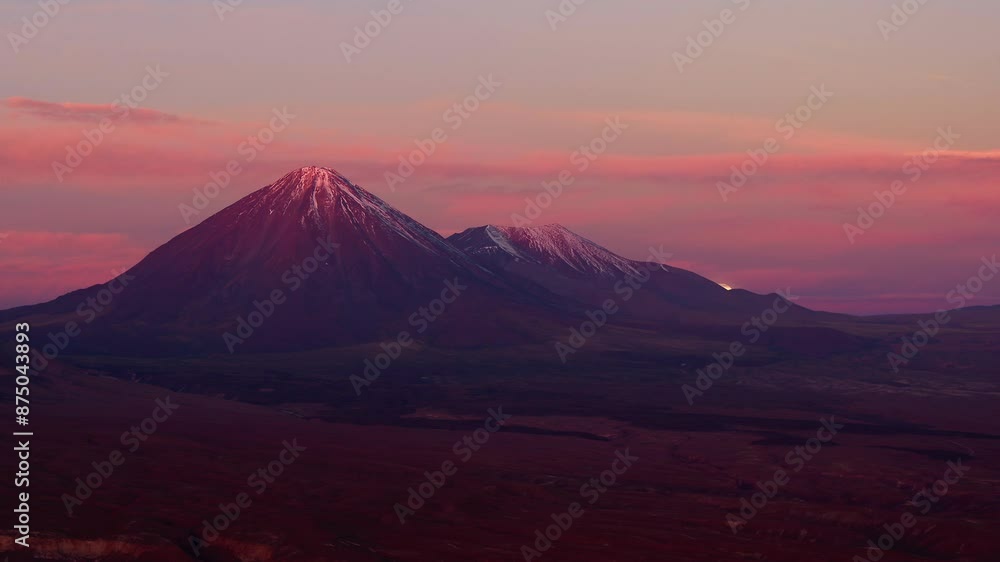 Aerial Panning Beautiful Shot Of Snow On Licancabur Mountain In Tranquil Desert During Sunset - Atacama Desert, Chile Aerial Panning Beautiful Shot Of Snow On Licancabur Mountain In Tranquil Desert During Sunset - Atacama Desert, Chile