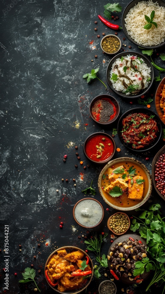 Indian cuisine with various side dishes and rice Indian cuisine with various side dishes and rice
