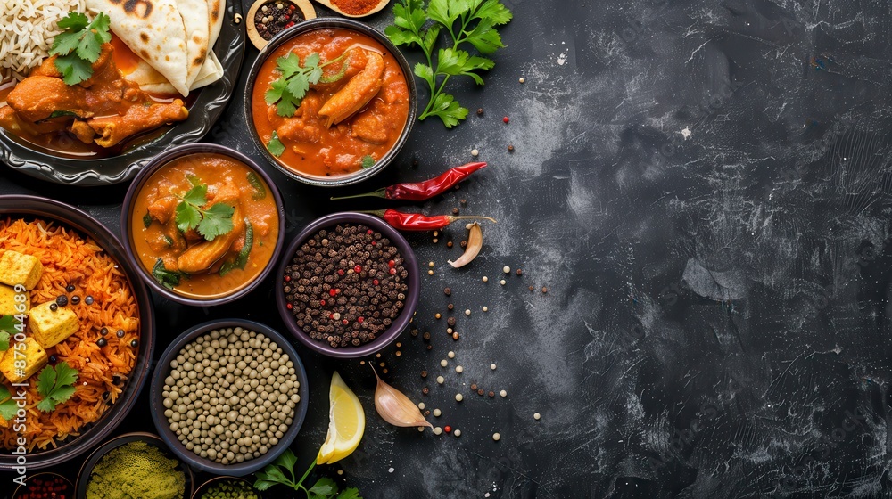 Indian food dishes - curry, rice, flatbread, spices, and herbs, displayed on a dark surface Indian food dishes - curry, rice, flatbread, spices, and herbs, displayed on a dark surface