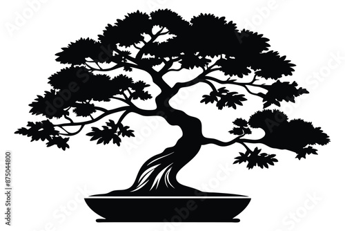  A black Bonsai tree vector silhouette illustration.