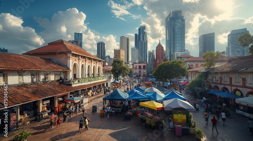 Wallpaper Mural A bustling city square with historic buildings, vibrant street vendors, and a backdrop of modern skyscrapers. Torontodigital.ca