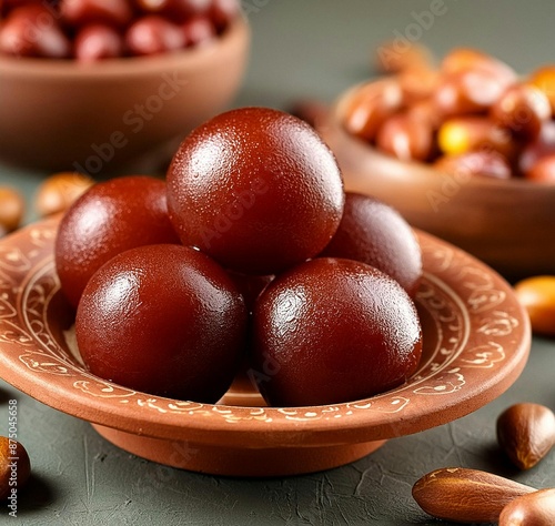 Gulam jamun close up image in background ladoo and pista nuts. photo