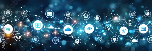 A digital network of interconnected white icons on a dark blue background