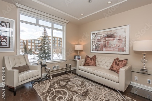 Elegant living room with modern decor and natural light, featuring comfortable seating and a bright, airy atmosphere, perfect for a contemporary home.