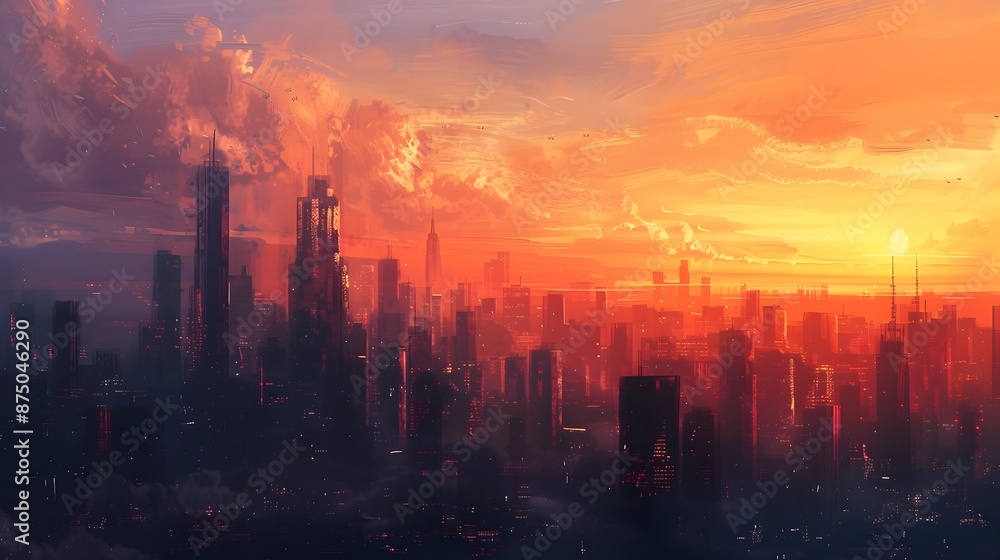 Fototapeta premium Dramatic Cityscape Painting at Sunset with Warm and Cool Tones