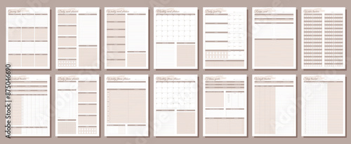 Fitness and meal planners set. Daily, weekly, monthly, workout tracker, fitness goals, weight tracker, daily food log, grocery list, recipe card, water tracker, sleep tracker.
