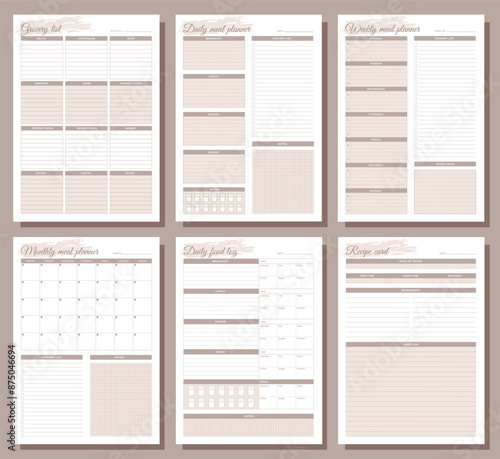 Meal planners set. Daily, weekly, monthly meal planners, daily food log, grocery list and recipe card. A4 printable templates.