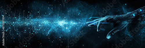 A glowing digital hand extends towards a bright expanse of code and data, representing the transformative power of AI in modern software engineering