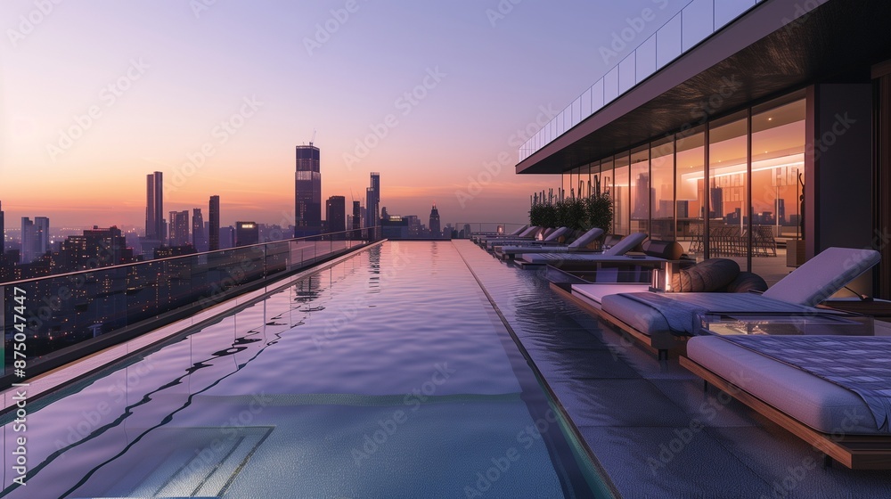 Fototapeta premium A contemporary rooftop pool with sleek lounge chairs, a glass railing, and a stunning view of the city skyline at sunset.
