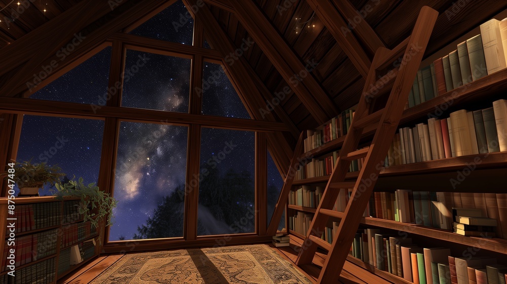 A cozy attic library with sloped ceilings, wooden beams, and a large window overlooking a starry night sky. A cozy attic library with sloped ceilings, wooden beams, and a large window overlooking a starry night sky.