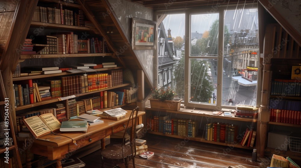 A cozy attic workspace with a wooden desk, bookshelves filled with old books, and a small window offering a view of a rainy city street. A cozy attic workspace with a wooden desk, bookshelves filled with old books, and a small window offering a view of a rainy city street.