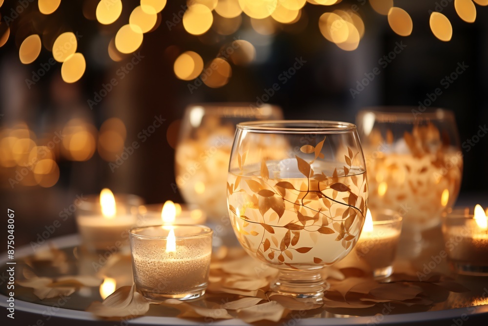 Elegantly decorated table with glasses featuring white leaf designs, surrounded by candles and soft lights. Elegantly decorated table with glasses featuring white leaf designs, surrounded by candles and soft lights.