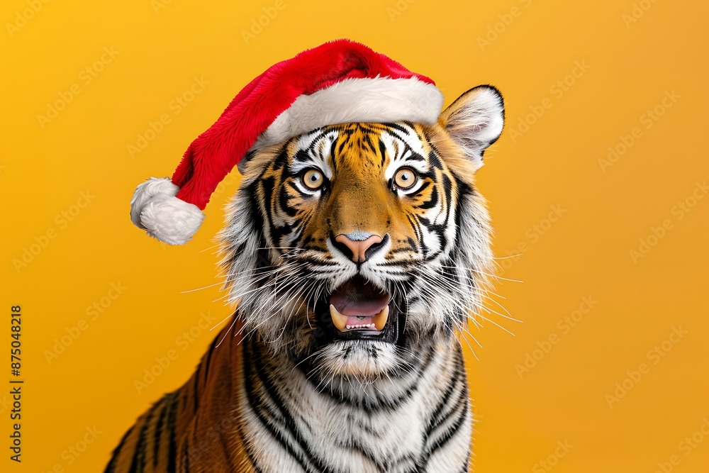 funny charming animal in santa claus hat celebrating christmas holiday isolated on yellow background funny charming animal in santa claus hat celebrating christmas holiday isolated on yellow background
