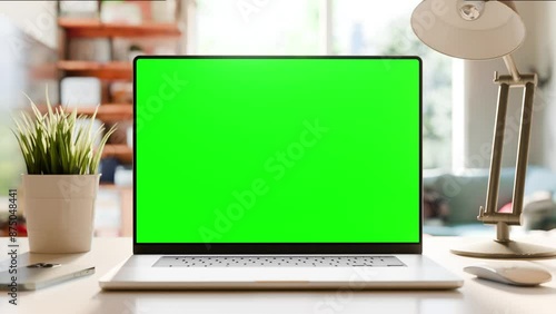 A static shot of a laptop with a green screen on a desk in a home office. Trees swaying in the wind are visible outside the window. Looped footage. 3d render