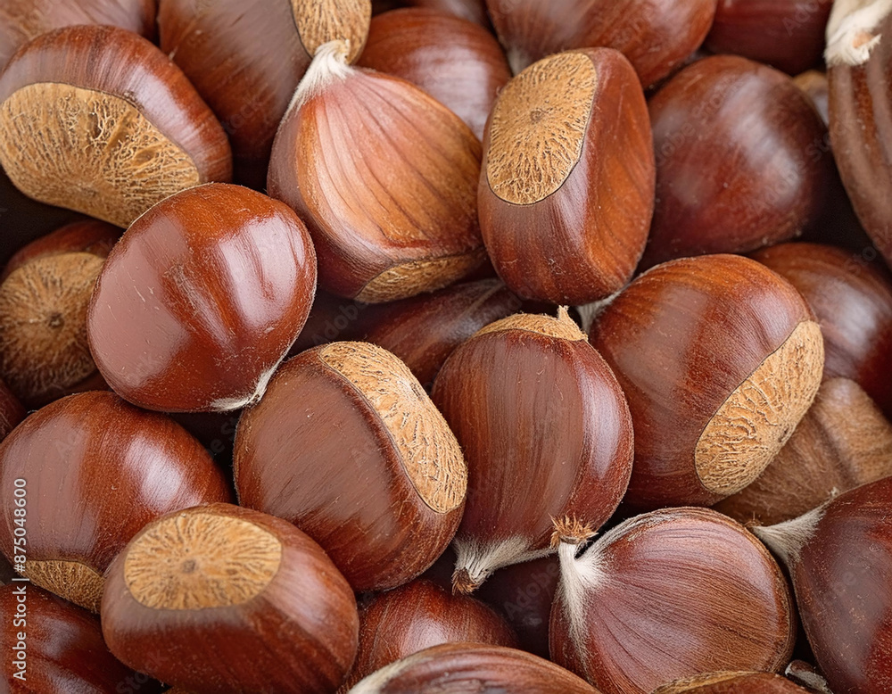 Close-up of shiny brown chestnuts clustered together Close-up of shiny brown chestnuts clustered together