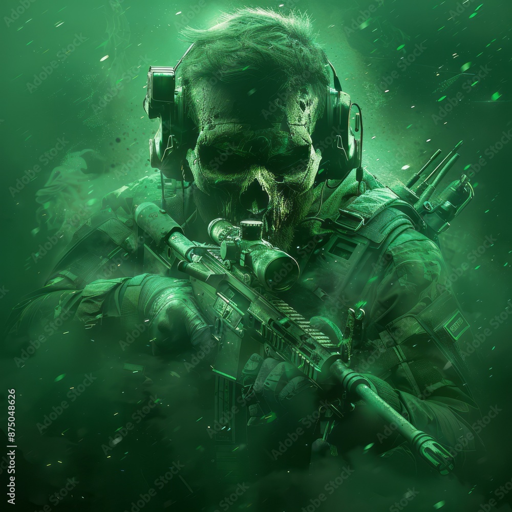 Fototapeta premium Skeleton Soldier Holding a Sniper Rifle in a Green Fog