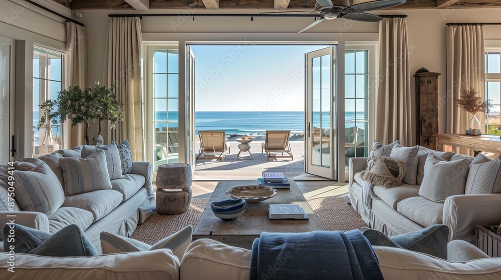 A luxurious beach house living room with coastal decor, plush seating, and large sliding glass doors opening to a view of the ocean. A luxurious beach house living room with coastal decor, plush seating, and large sliding glass doors opening to a view of the ocean.