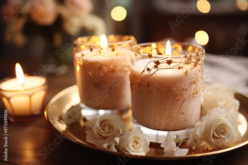 Romantic table setting featuring candles, white roses, and glasses with delicate leaf decorations. photo