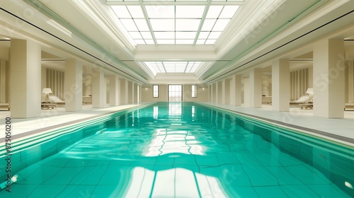 A luxurious indoor swimming pool with turquoise water reflecting light from large skylights above, surrounded by pristine white tiles. © Sana