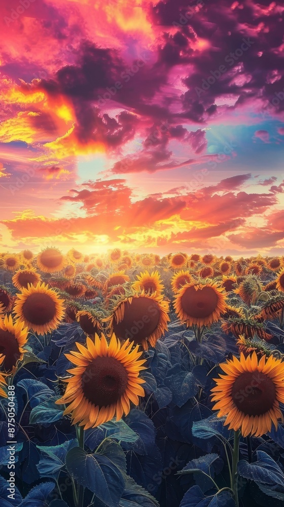 Sunflowers bloom in a field under a colorful sunset sky Sunflowers bloom in a field under a colorful sunset sky
