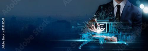 Automation: Businessman Touching the Smart Automation Technology and Streamlining Data Searching for Business and Marketing.