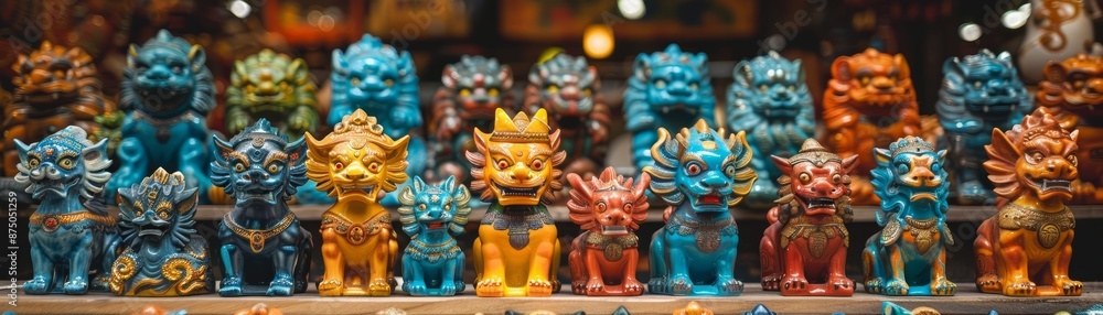 Fototapeta premium Colorful figurines of mythical creatures lined up on a shelf.