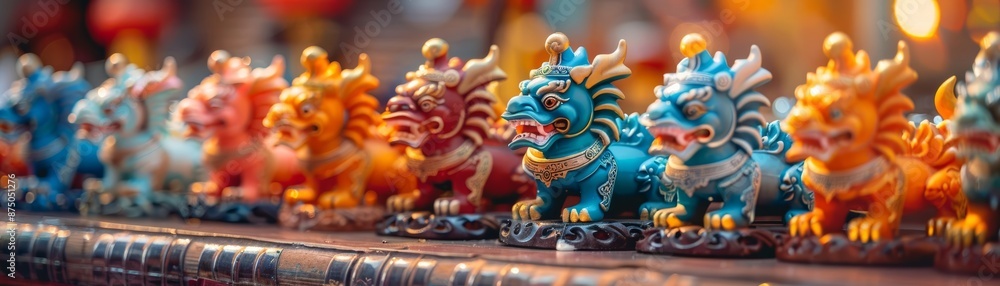 Colorful toy dragons lined up on a shelf. Colorful toy dragons lined up on a shelf.