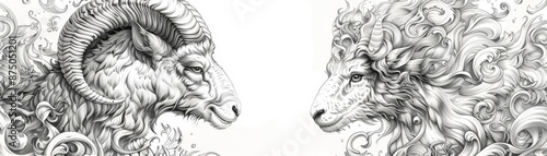 A ram and a wolf face each other in a detailed pencil drawing. photo