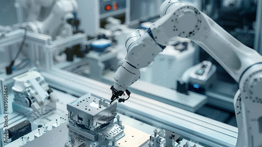 Robotic Arm Assembling Components in a Modern Factory Robotic Arm Assembling Components in a Modern Factory