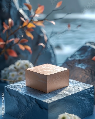 A stunning, minimalist product display featuring a textured, pale pink box on a blue stone pedestal against a blurred background of autumn leaves and white flowers. photo