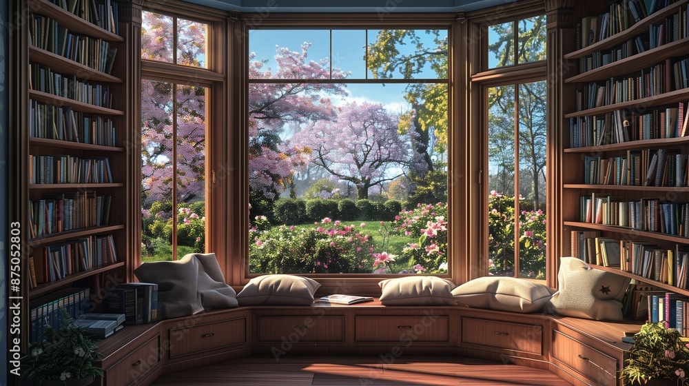 A peaceful reading nook with a built-in bookshelf, soft cushions, and a large bay window overlooking a blooming garden. A peaceful reading nook with a built-in bookshelf, soft cushions, and a large bay window overlooking a blooming garden.